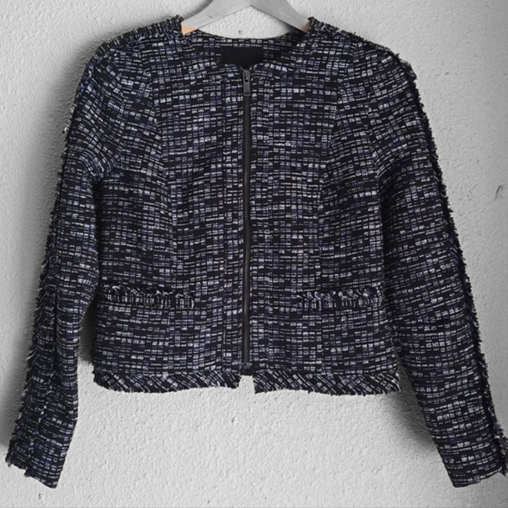 Banana Republic Tweed Zip Up Fringe Navy Off white Cotton Blend Jacket Blazer 4 - Picture 7 of 15